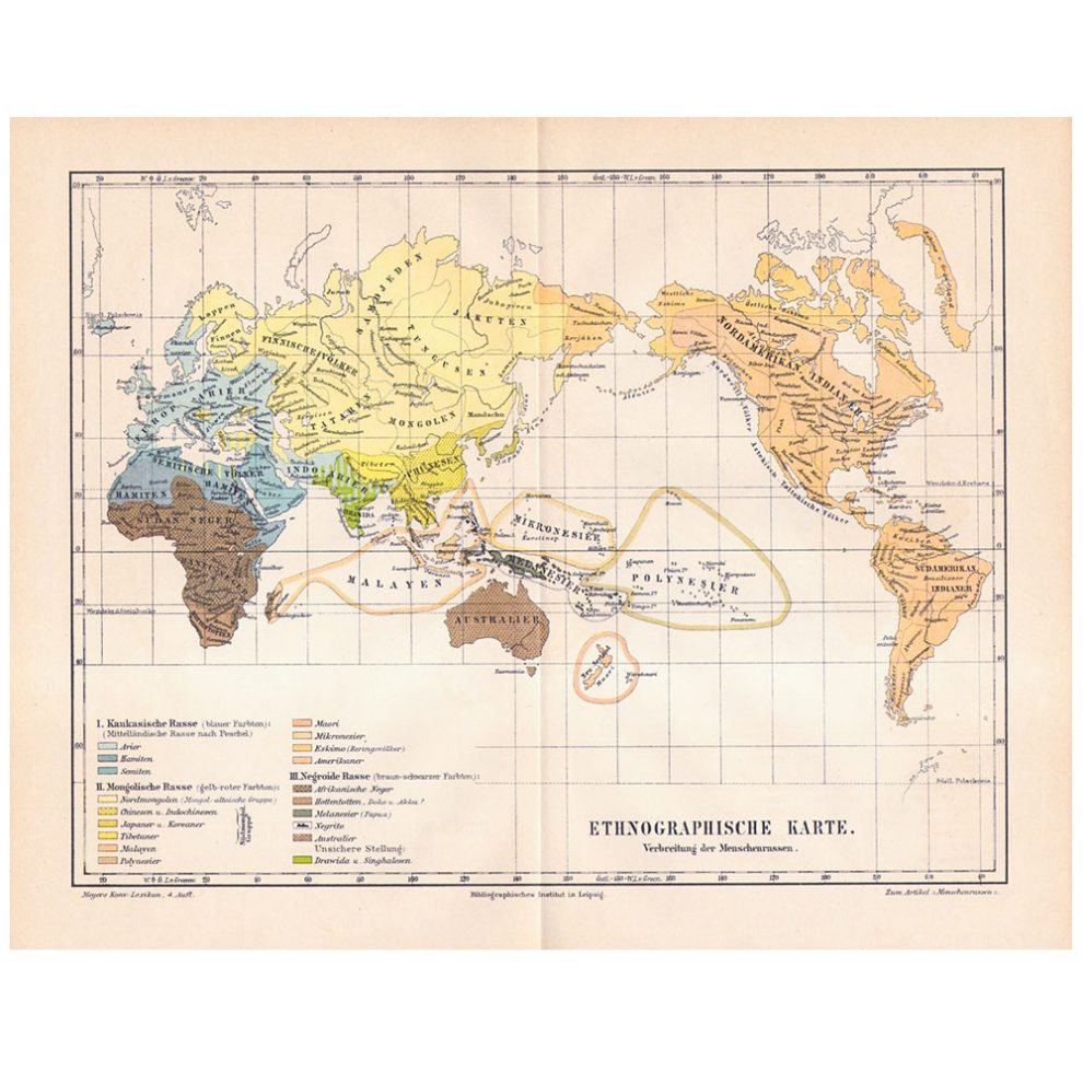 Carte de la propagation des « races », extraite de la 4<sup>e</sup> édition du Konversationslexicon de Hermann Julius Meyer. Allemagne, 1885–1892. / Domaine Public. La carte divise cette partie du monde en « trois races » distinctes, elles- mêmes déclinées en sous-groupes. Les « Hamites » figurent dans la catégorie des « races caucasiques ».